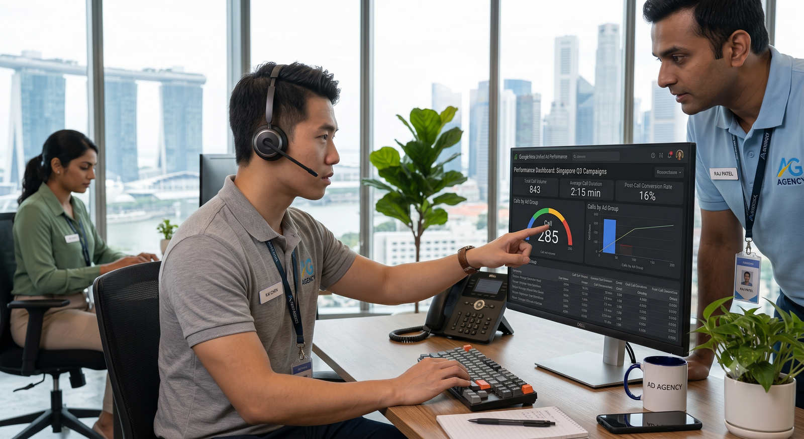 Google and Meta campaign dashboard showing call volume, qualified calls, and an incoming call from a search ad