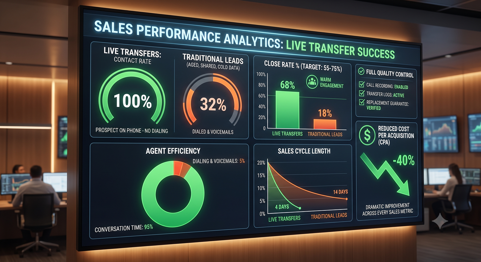 Sales performance dashboard showing live transfer volume, close rate, and conversion trend over 30 days